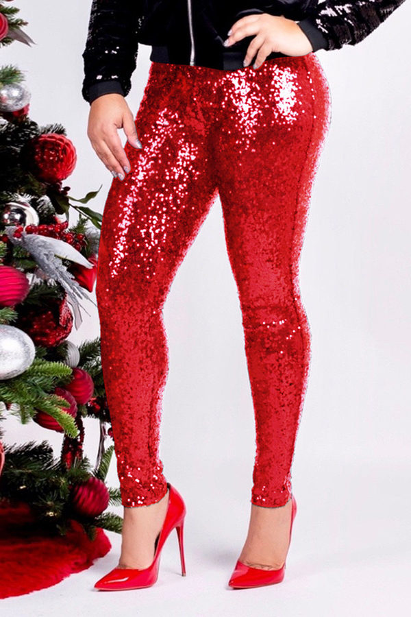 red sequin flare pants