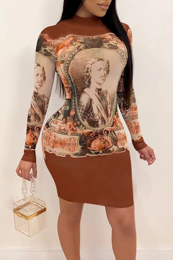 

Lovely Casual Patchwork Brown Mini Dress