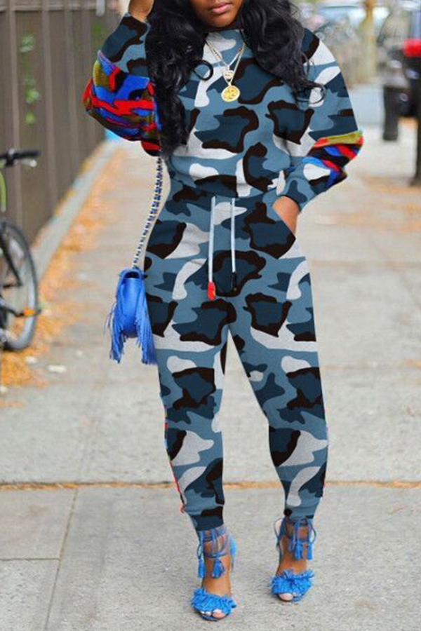 

Lovely Casual O Neck Print Blue Two-piece Pants Set