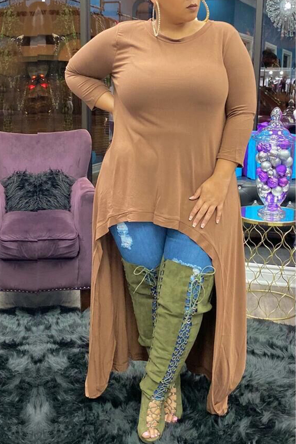 

Lovely Casual Asymmetrical Coffee Plus Size Mini Dress