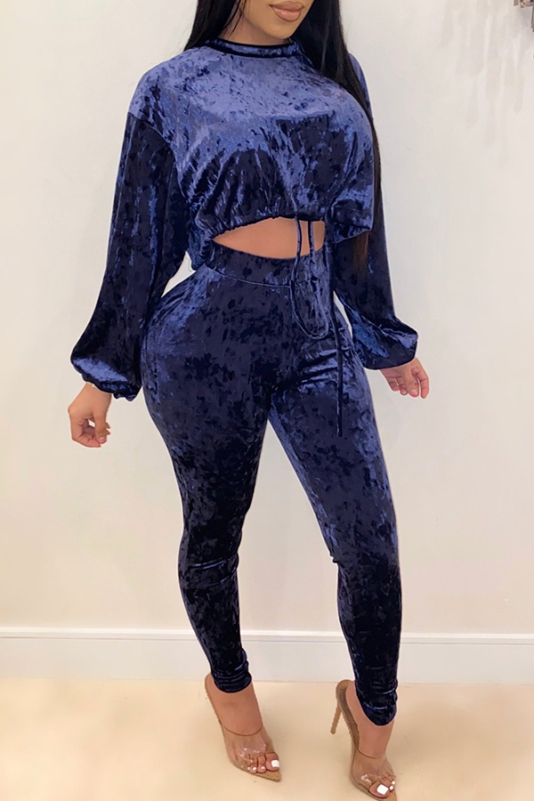 

Lovely Chic Drawstring Blue Two-piece Pants Set