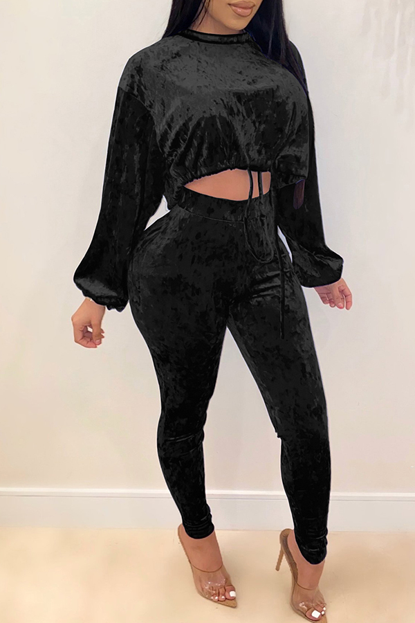 

Lovely Chic Drawstring Black Two-piece Pants Set
