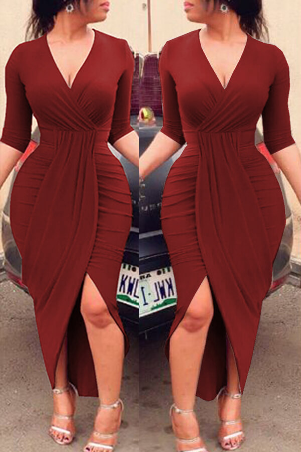 

Lovely Chic V Neck Ruffle Design Purplish Red Ankle Length Dress