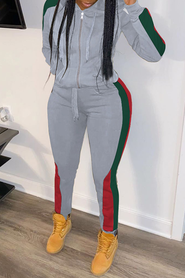 

Lovely Casual Patchwork Grey Two-piece Pants Set