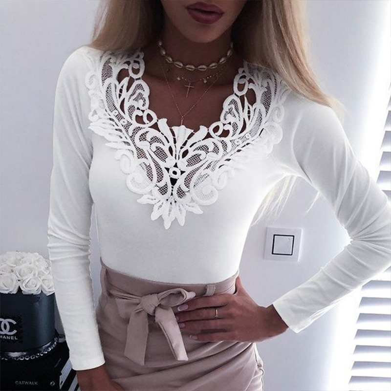 

Lovely Chic V Neck Lace Patchwork White T-shirt