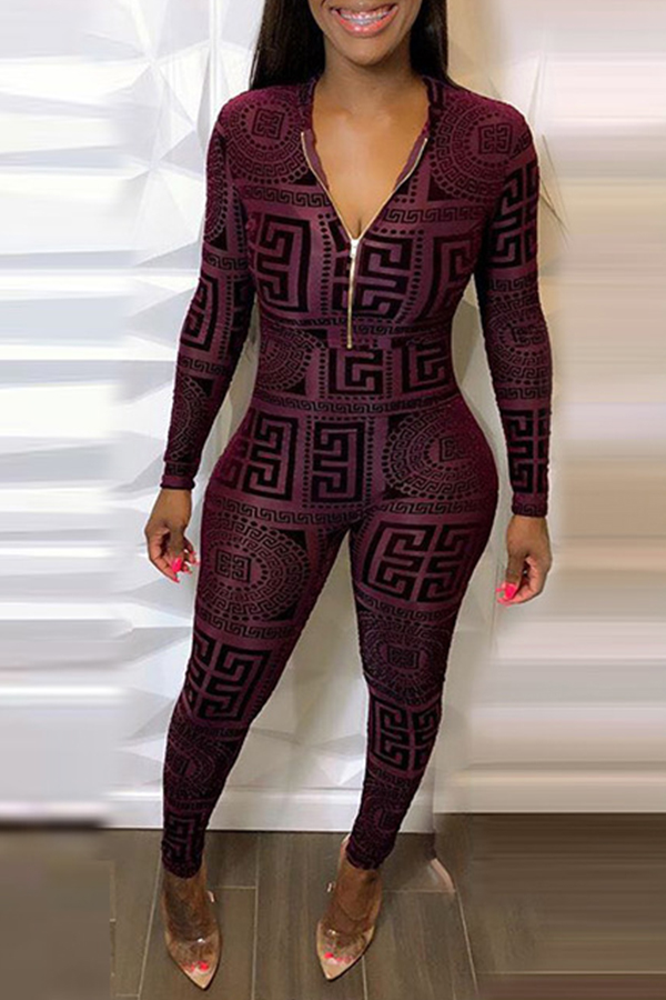 

Lovely Casual Print Wine Red Two-piece Pants Set