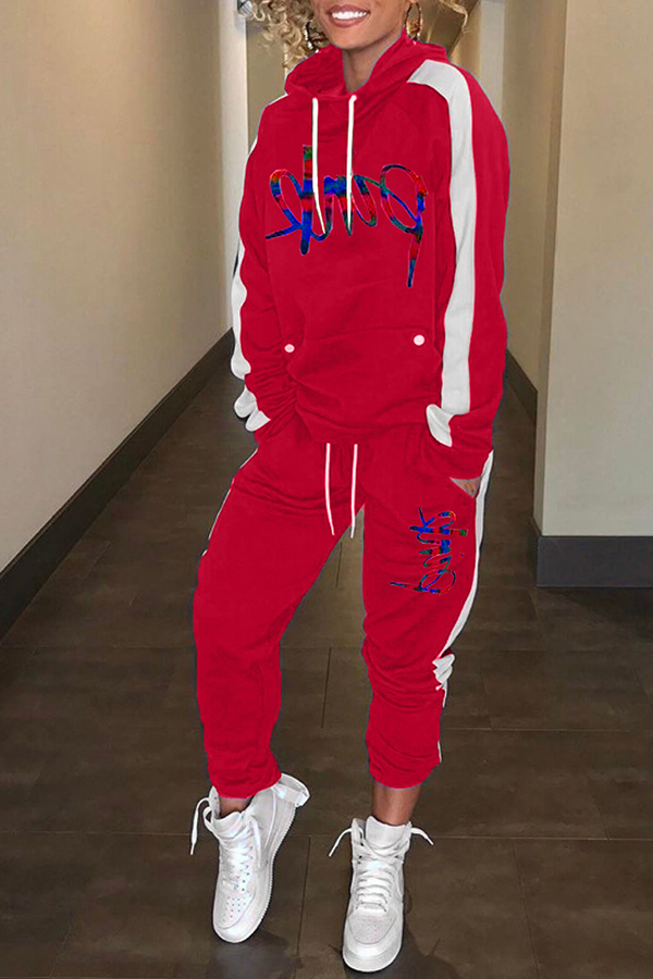 

Lovely Leisure Hooded Collar Red Two-piece Pants Set