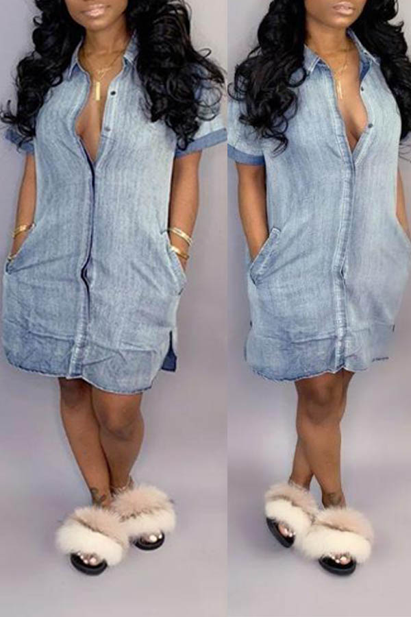 

Lovely Casual Turndown Collar Buttons Design Baby Blue Knee Length Dress