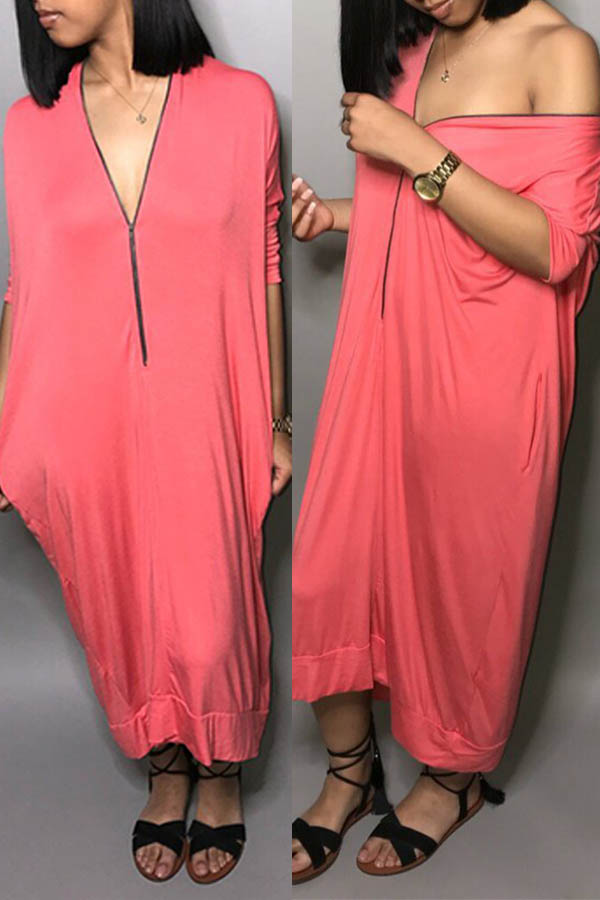 

Lovely Casual V Neck Zipper Design Pink Mid Calf Dress