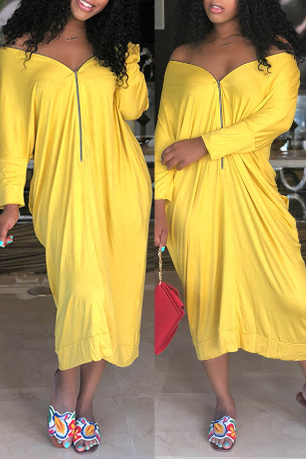 

Lovely Casual V Neck Zipper Design Yellow Mid Calf Dress