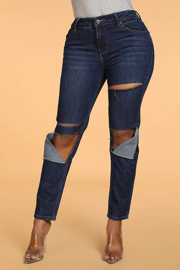 

Lovely Trendy Hollow-out Deep Blue Jeans