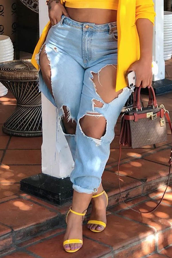 

Lovely Trendy Hollow-out Blue Jeans