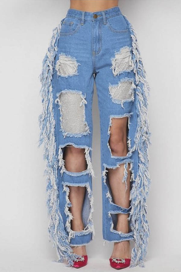 

Lovely Trendy Hollow-out Blue Jeans