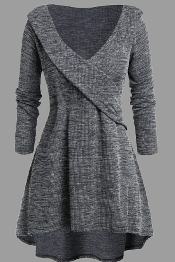 

Lovely Casua V Neck Grey Plus Size Mini Dress
