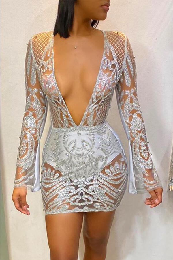 

Lovely Party Deep V Neck Silver Mini Dress