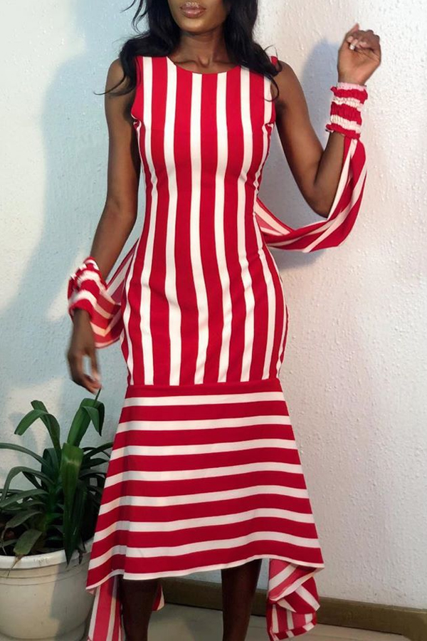 

Lovely Sweet Striped Red Ankle Length Dress