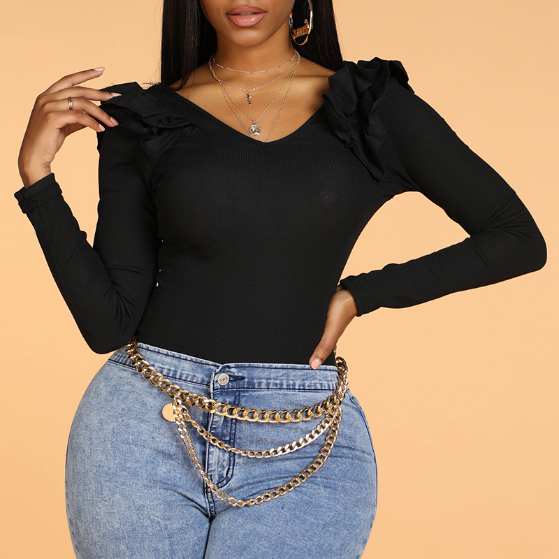 

Lovely Casual Flounce Patchwork Black Bodysuit