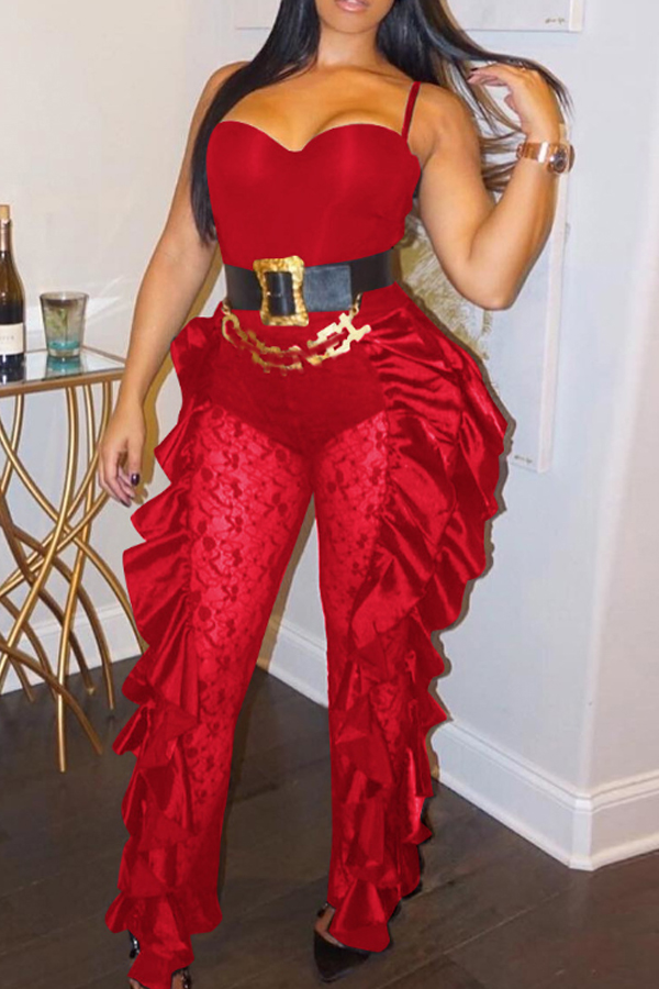 

Lovely Trendy Flounce Patchwork Red One-piece Jumpsuit(Without Belt