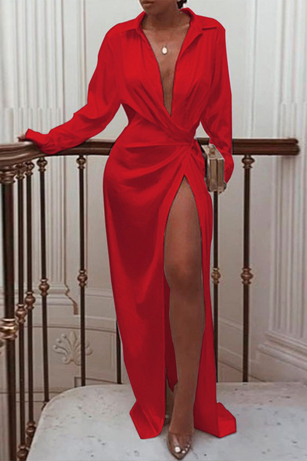 

Lovely Party Turndown Collar Side High Slit Red Prom Dress