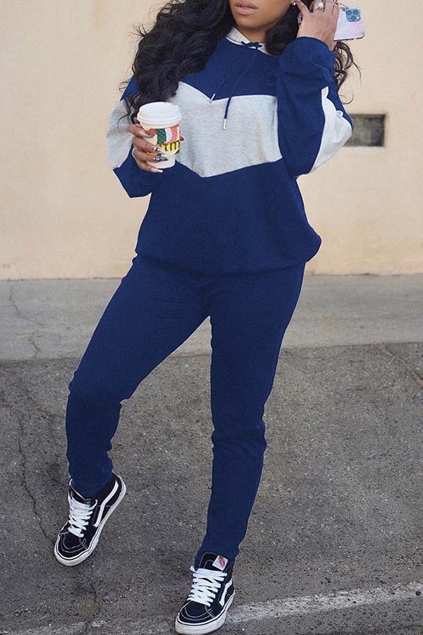 

Lovely Casual Patchwork Blue Two-piece Pants Set