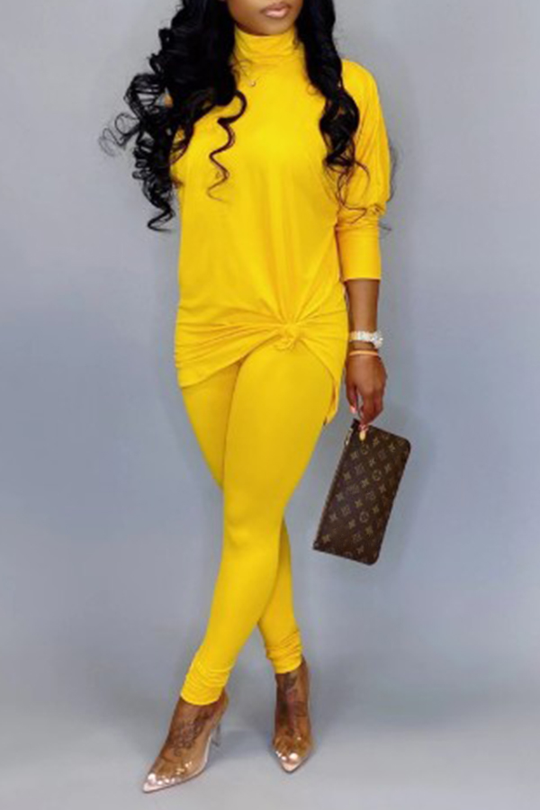 

Lovely Casual Turtleneck Basic Yellow Two-piece Pants Set