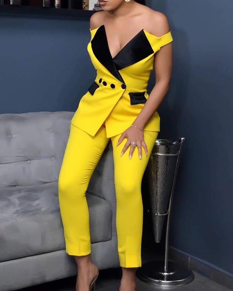 

Lovely Party Turn-back Collar Patchwork Yellow Two-piece Pants Set