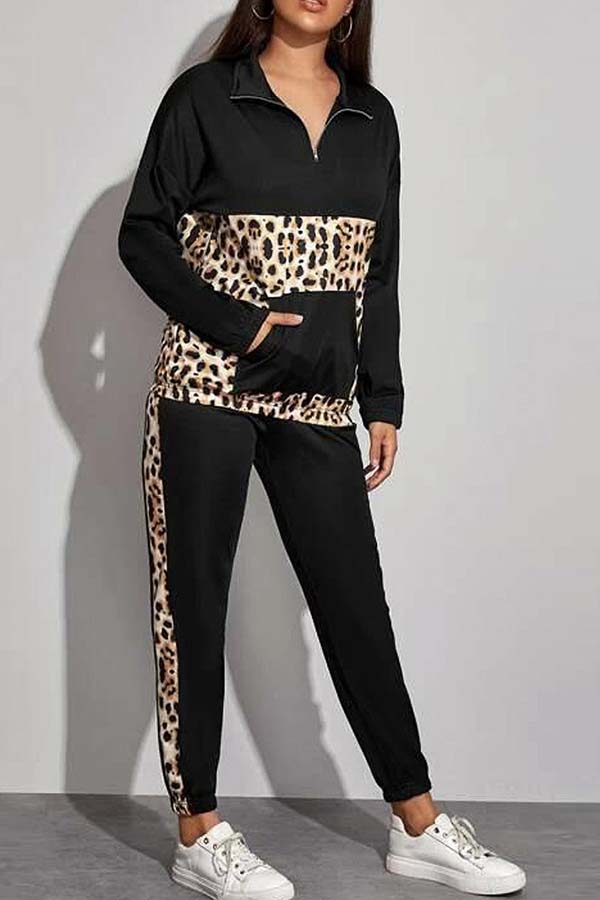 

Lovely Chic Patchwork Leopard Black Two-piece Pants Set