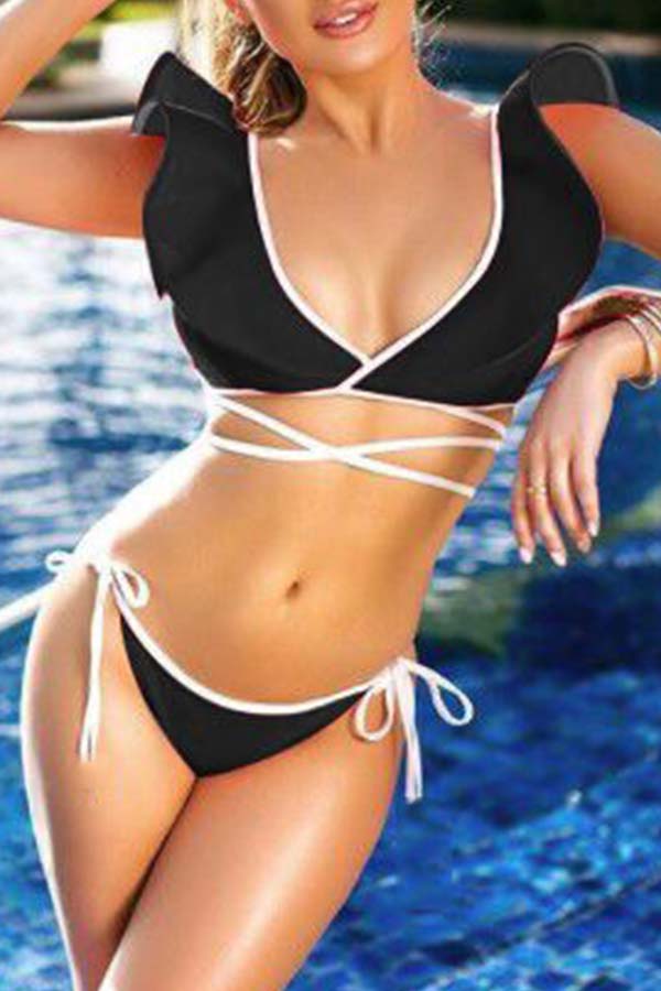 

Lovely Lace-up Black Two-piece Swimsuit