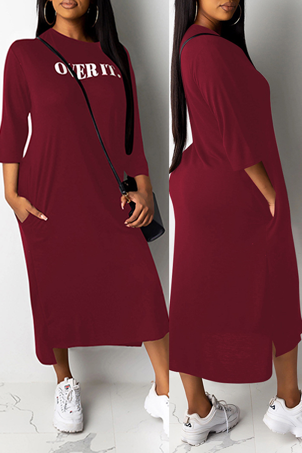 

Lovely Casual Letter Print Wine Red Mid Calf Dress