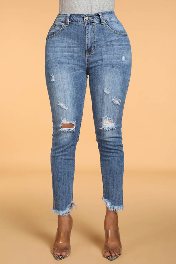 

Lovely Casual Hollow-out Skinny Baby Blue Jeans