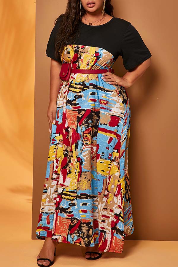 

Lovely Casual Patchwork Print Black Ankle Length Plus Size Dress