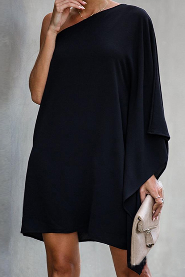 

Lovely Leisure One Shoulder Asymmetrical Black Mini Dress