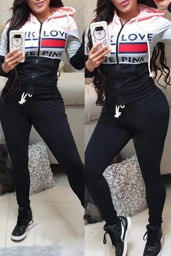 

Lovely Casual Hooded Collar Print Black Two-piece Pants Set