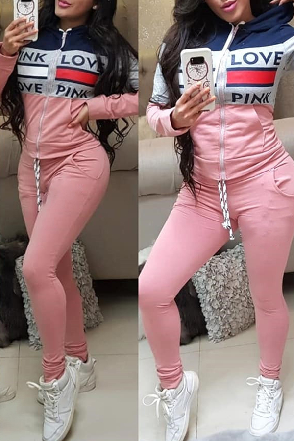 

Lovely Casual Hooded Collar Print Pink Two-piece Pants Set