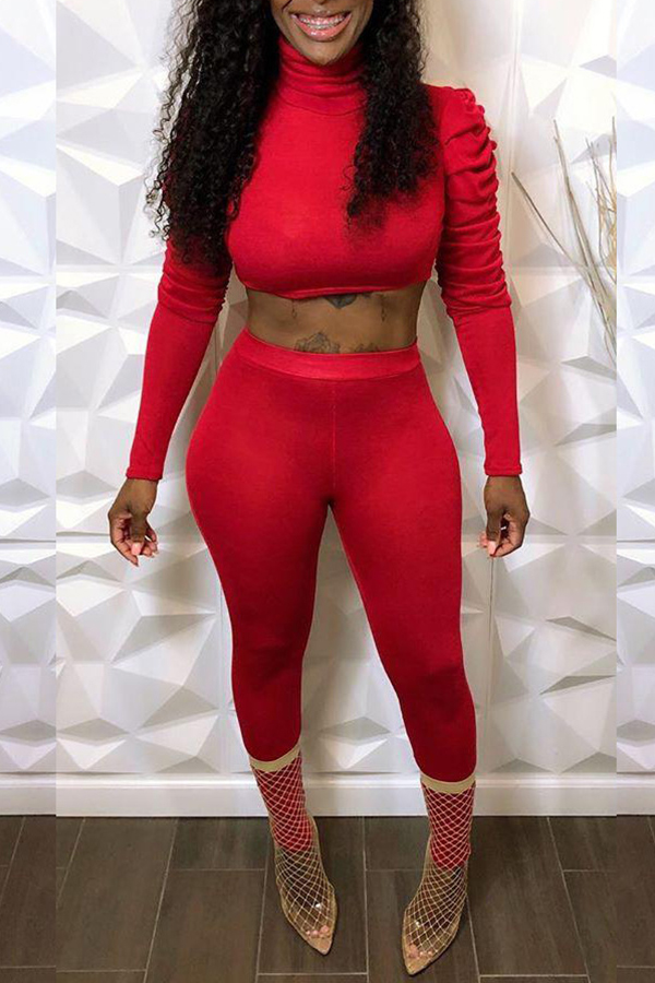 

Lovely Casual Turtleneck Crop Top Red Two-piece Pants Set