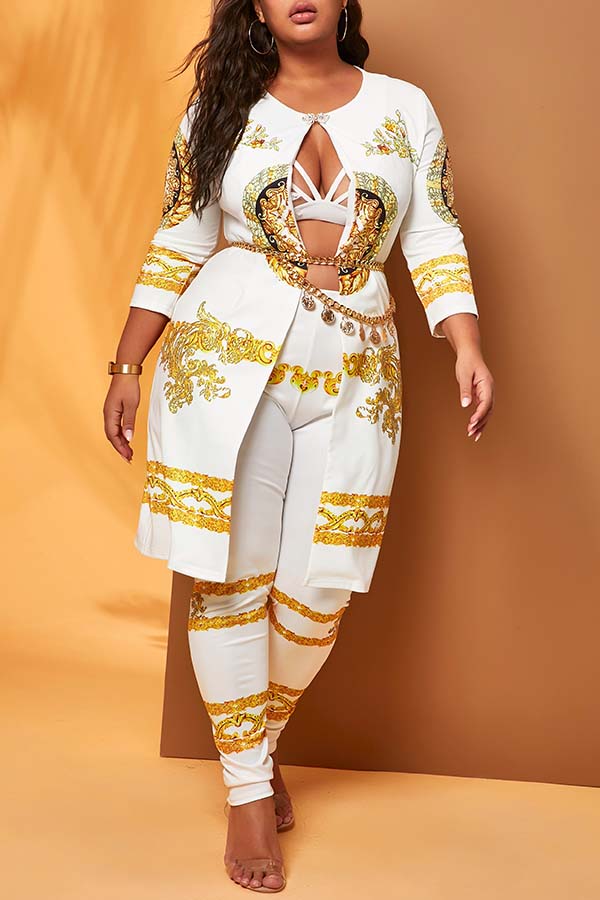 

Lovely Casual Print White Plus Size Two-piece Pants Set