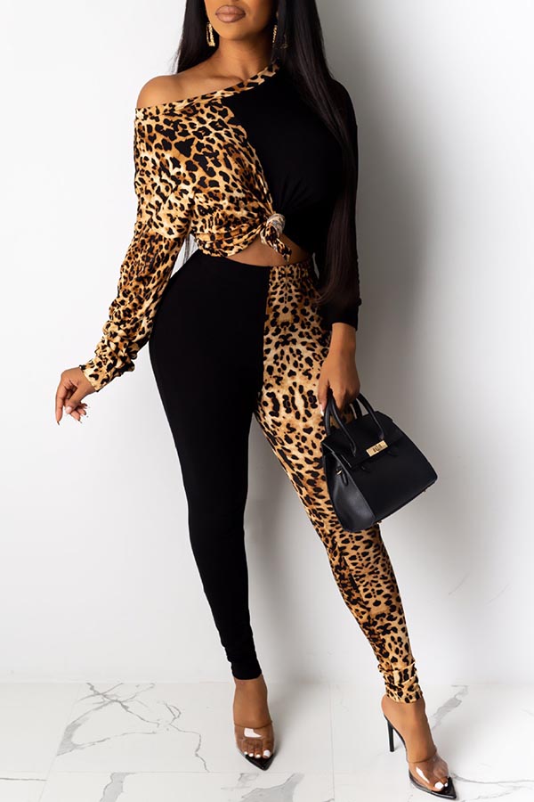 

Lovely Casual Patchwork Leopard Black Two-piece Pants Set