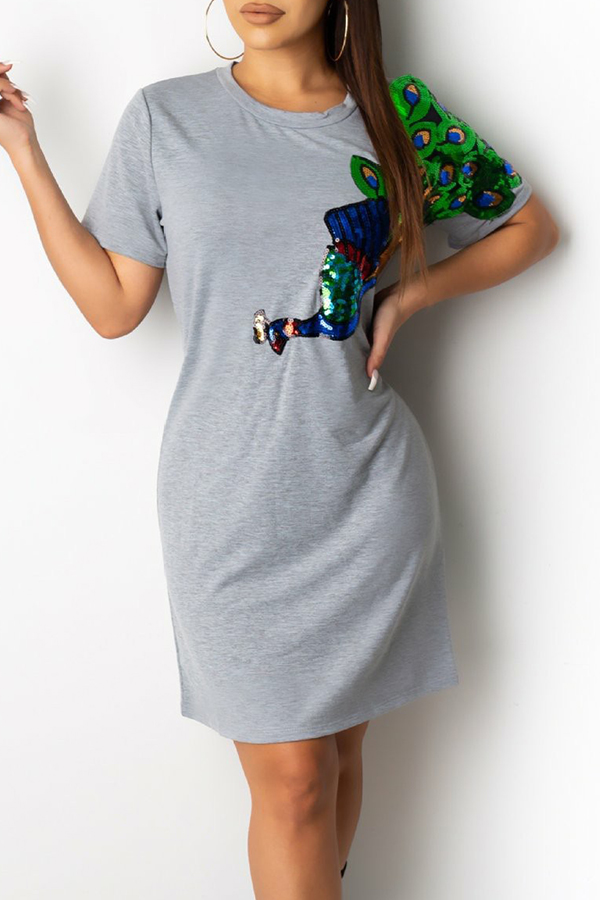 

Lovely Casual O Neck Patchwork Grey Mini Dress