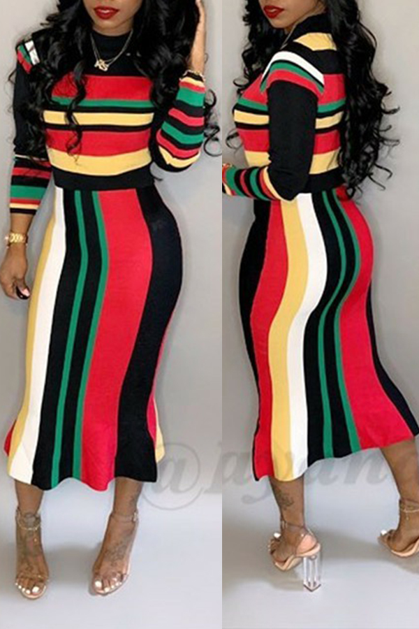 

Lovely Casual Striped Multicolor Mid Calf Dress, Multi