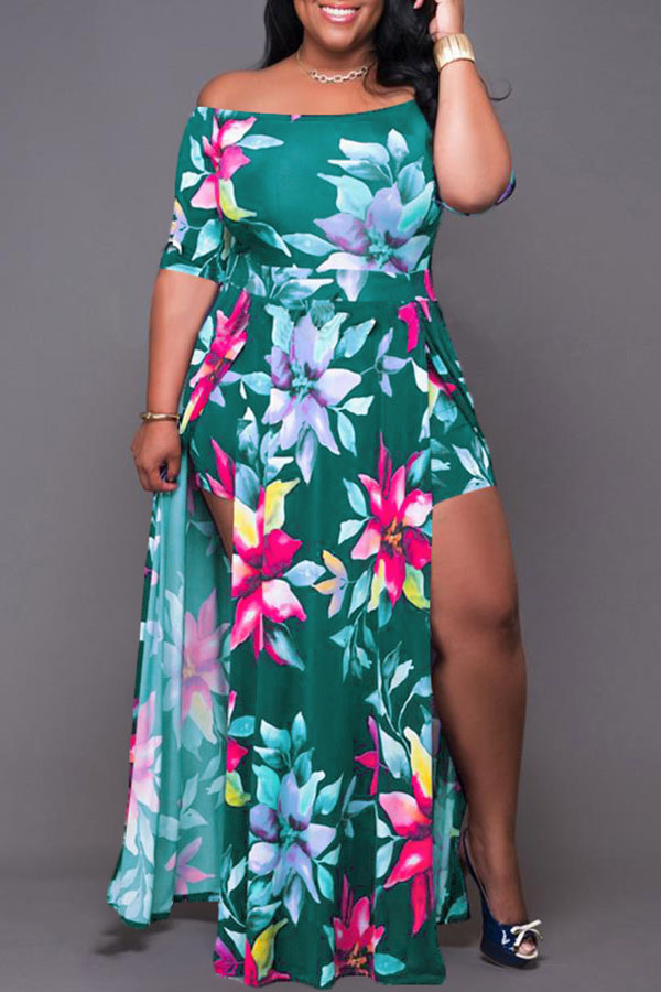 

Lovely Chic Floral Print Green Ankle Length Plus Size Dress