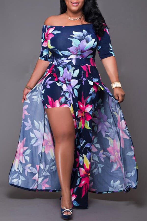 

Lovely Chic Floral Print Deep Blue Ankle Length Plus Size Dress