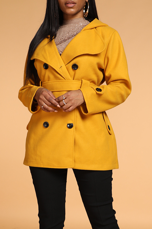 

Lovely Casual Buttons Yellow Plus Size Coat
