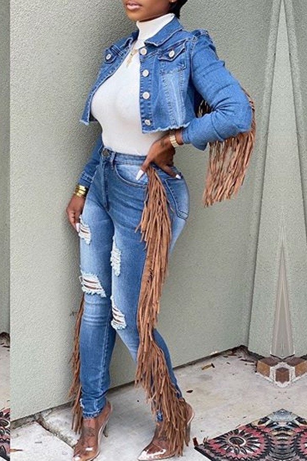 

Lovely Casual Tassel Design Blue Two-piece Pants Set