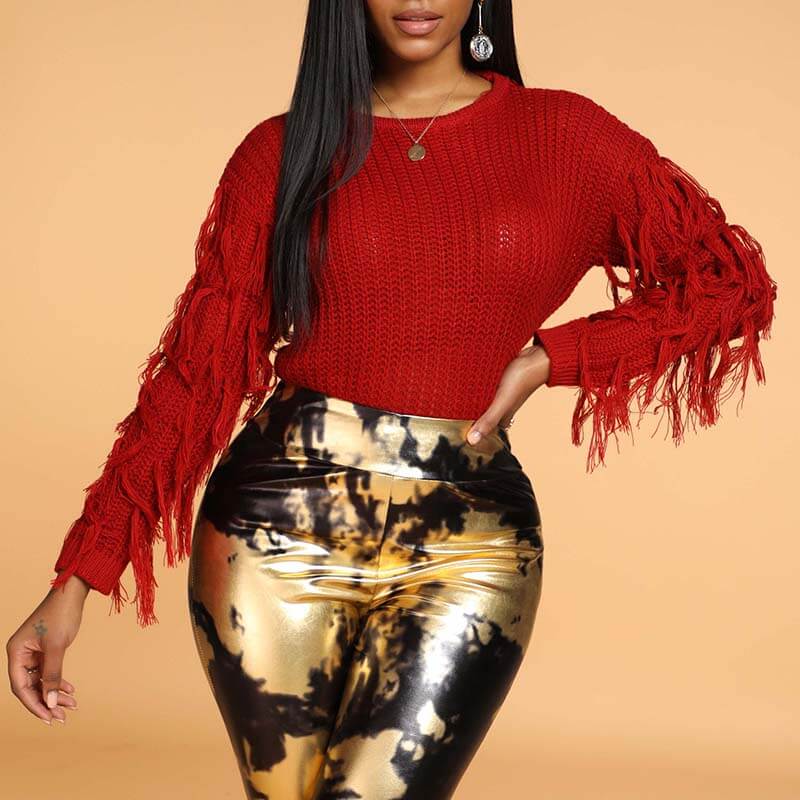 

Lovely Casual Tassel Design Wine Red Sweater