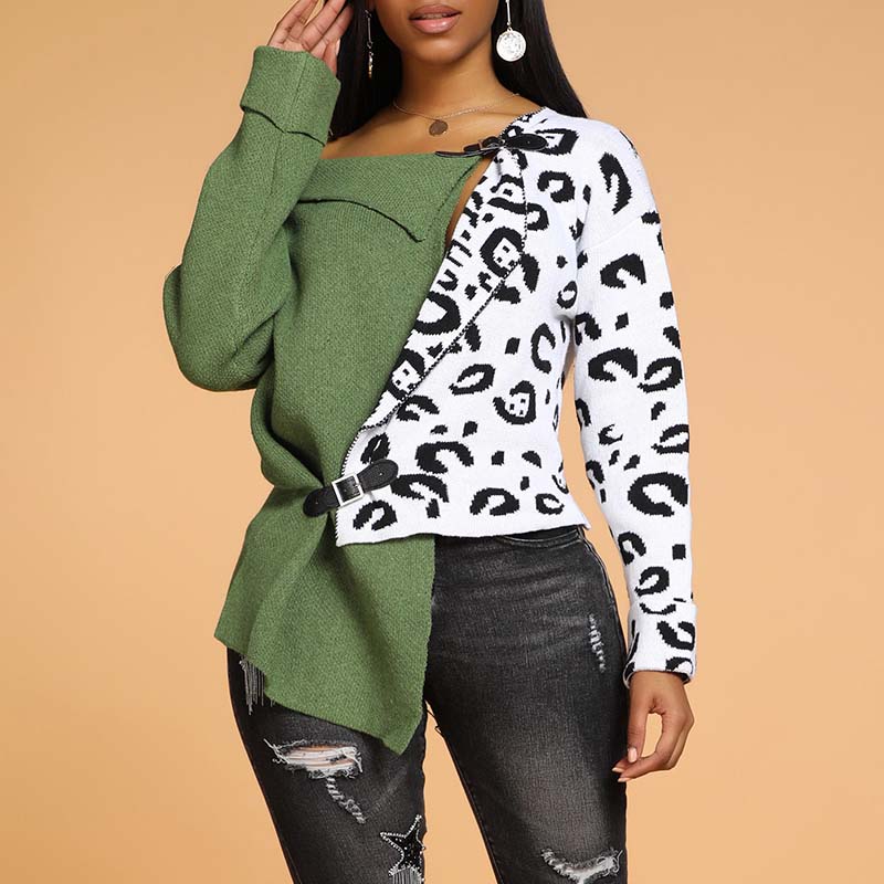

Lovely Casual Leopard Patchwork Green Sweater
