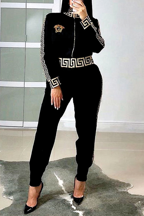 

Lovely Leisure Print Black Two-piece Pants Set