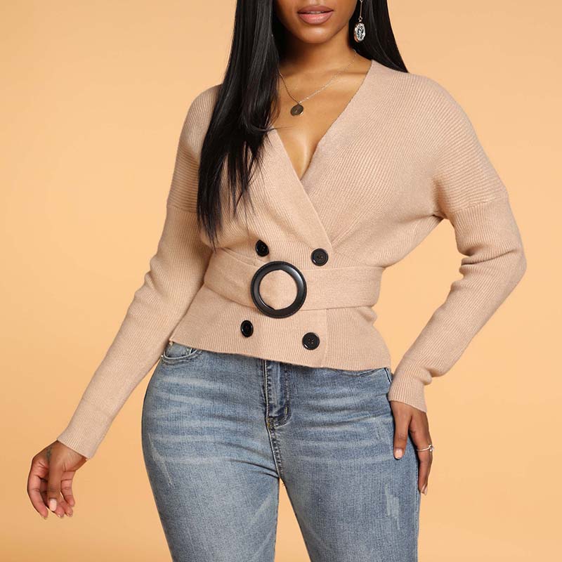 

Lovely Casual V Neck Khaki Sweater