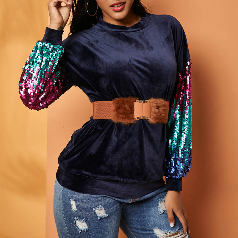 

Lovely Casual Patchwork Dark Blue Hoodie(Without Belt