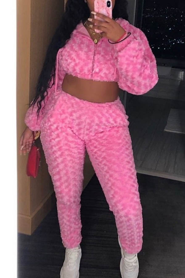 

Lovely Casual Hooded Collar Pink Two-piece Pants Set