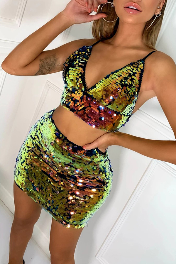 

Lovely Sexy V Neck Sequin Multicolor Two-piece Skirt Set, Multi